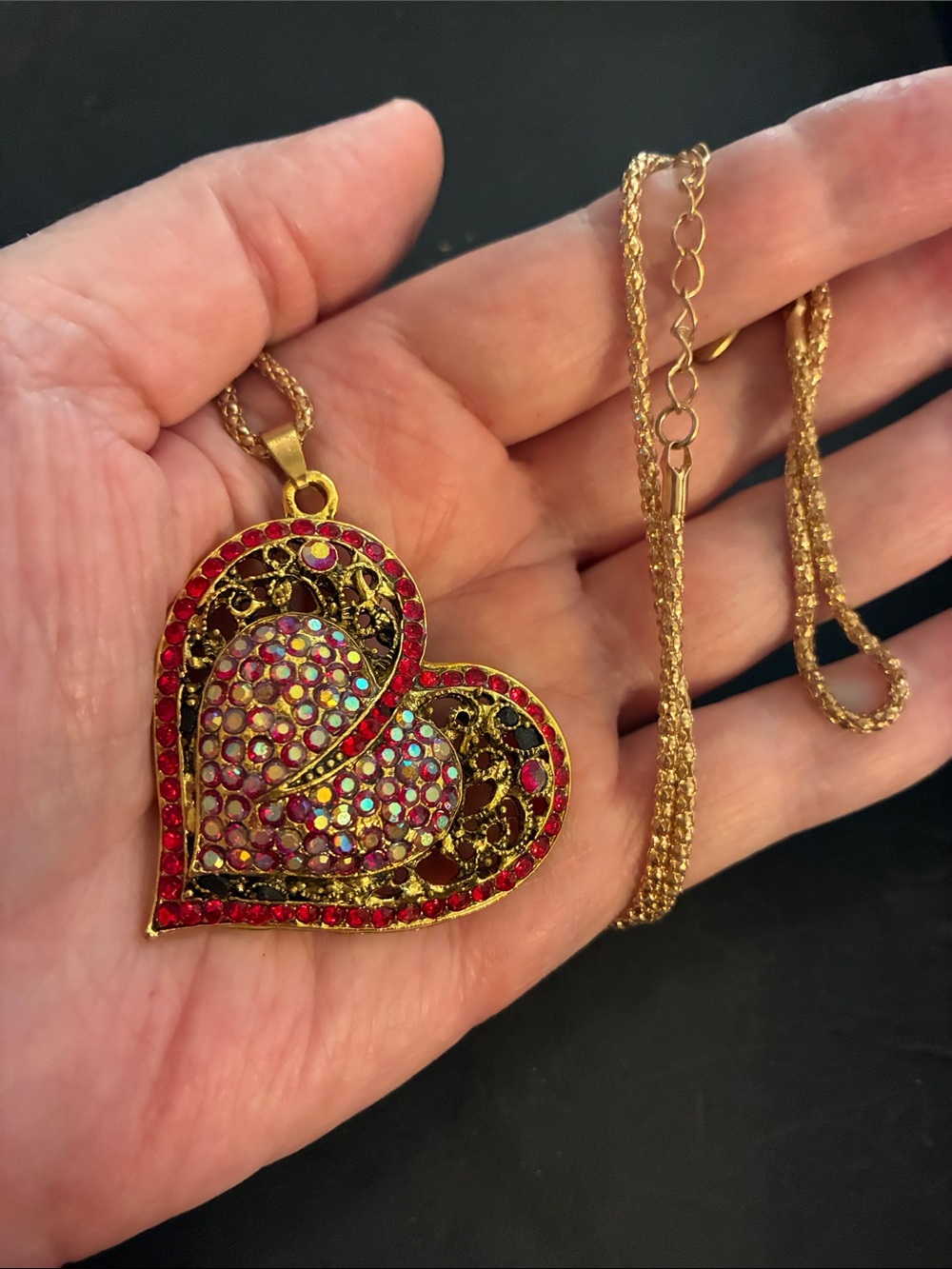 Gold Heart Pendant Necklace with Red and Iridescent Accents NWOT